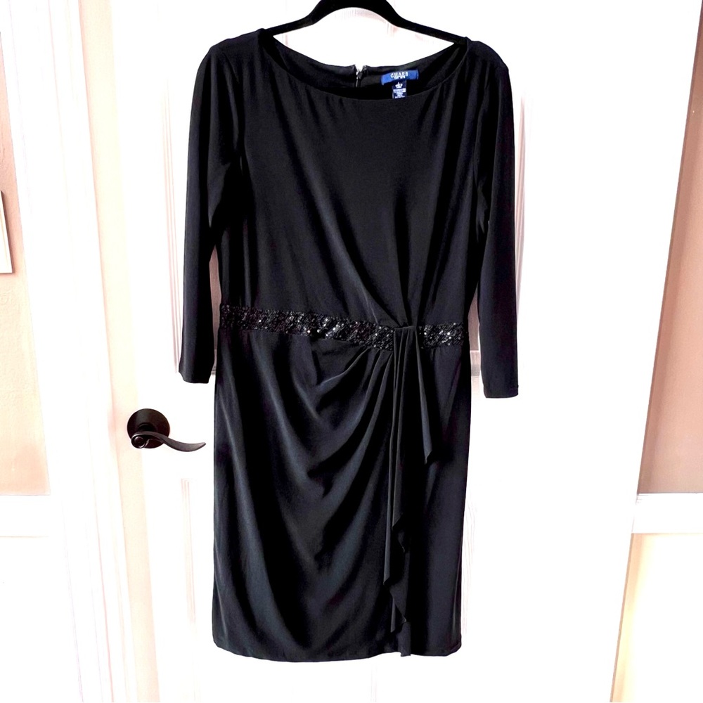 ⭐️ Chaps Ralph Lauren Little Black Dress Sequin Waist Accent Side Ruching LARGE